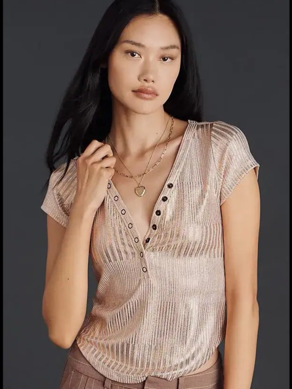 The Andie Ribbed Henley Top by Pilcro: Short-Sleeve Shine Edition